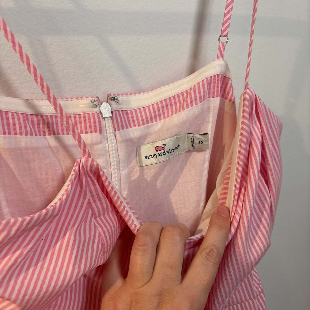 Pink and white seersucker Vineyard Vines tie front jumpsuit